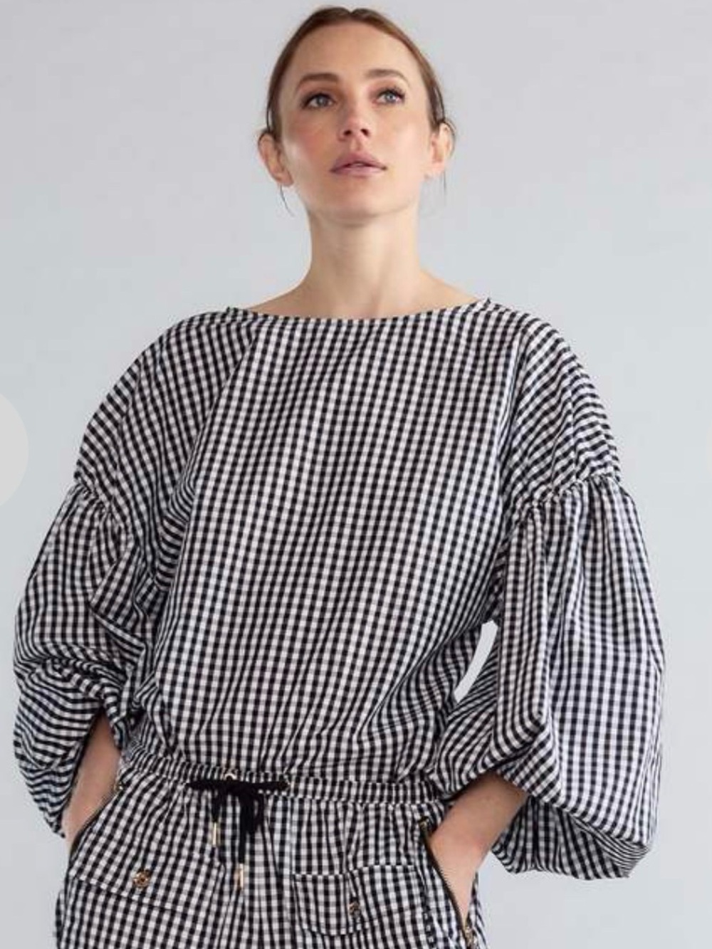 Cynthia Rowley Gingham Check Balloon Sleeve Blouse Black White Cotton Tencel AG4